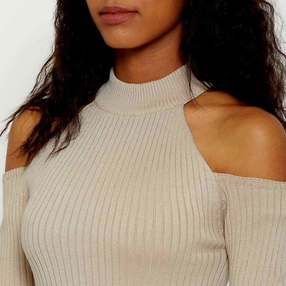 Say What? Tan Shoulderless Long Sleeve Ribbed Sweater - Picture 9 of 9